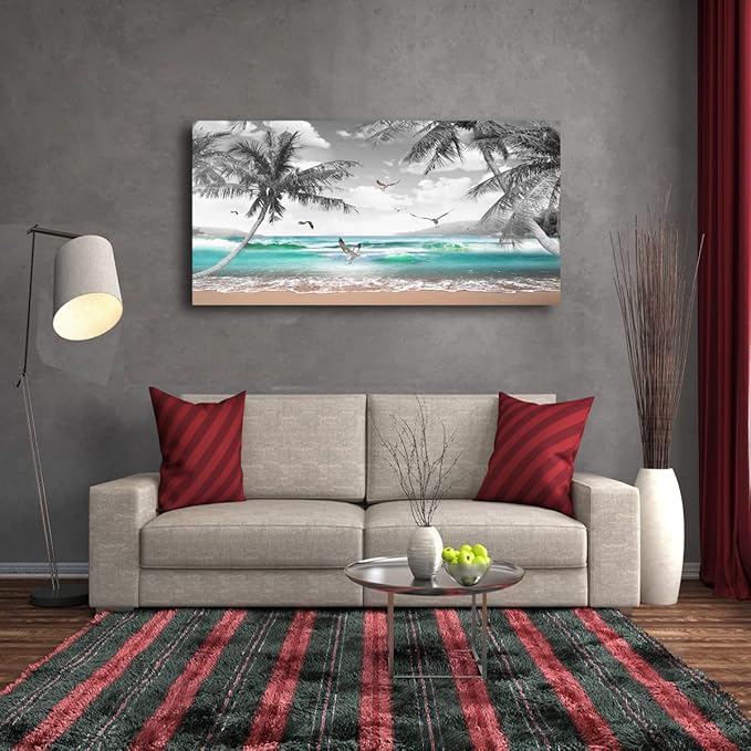 Beach Palm Pictures Canvas Wall Art For Living Room Bedroom Wall Decor,Sea Wave Wall Art Print Paitnings For Home Decor,Morden Artwork Coconut Tree Canvas Art Ready To Hang-20X40Inches