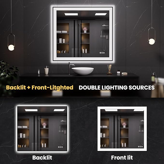 LOAAO 40"X36" LED Bathroom Mirror Black Framed, Anti-Fog, Dimmable, Lighted Bathroom Vanity Mirror for Wall, Memory Function, Tempered Glass