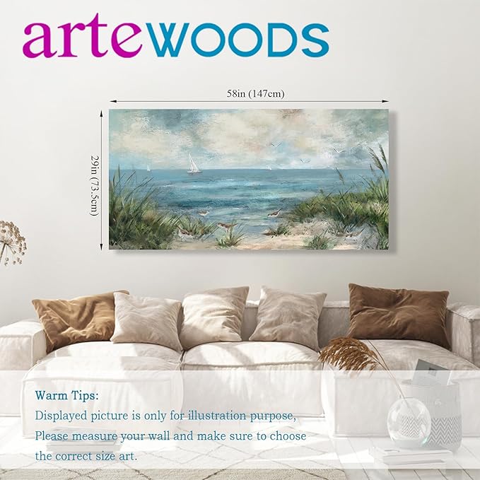 arteWOODS Sea Beach Canvas Wall Art Vintage Seascape Pictures Wall Decor Ocean Sailboat Seagull Prints Beach Bird Reed Painting Artwork for Living Room Bedroom Office Decoration 29" X 58"