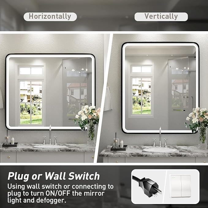 30X36 Inch LED Mirror for Bathroom,Black Metal Frame Lighted Vanity Mirror,Large Wall Mounted Makeup Mirror,6000K,Dimmable Anti-Fog