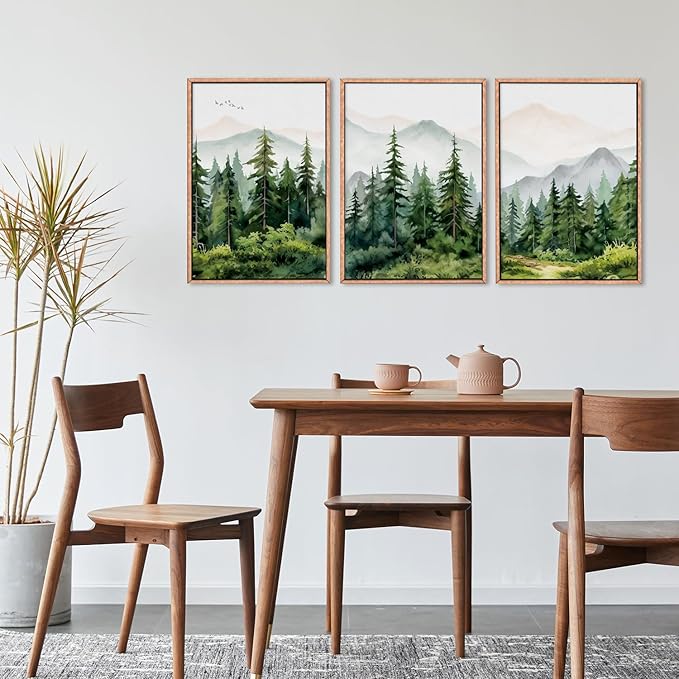 Ausril Watercolor Mountain Range Framed Canvas Wall Art Set, Green Forest Tree Wall Decor, Woodland Nursery Wall Painting, Modern Wilderness Art Print for Living Room, Bedroom, Office 24"x36"x3