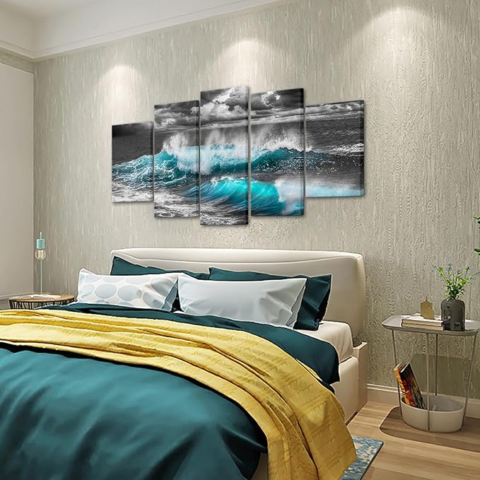 KLVOS 5 Piece Sea Waves Wall Art Black and White Blue Ocean Paintings Coastal Nautical Canvas Prints Mordern Seascape Picture Decor Giclee Artwork Gallery Wrapped Gift Living Room Bedroom Bathroom