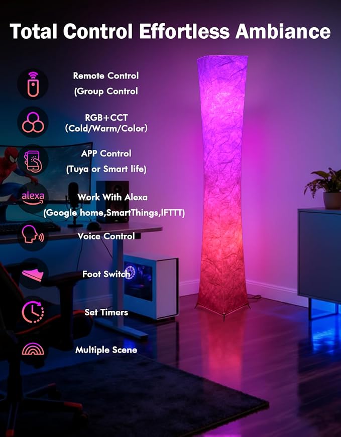 LEONC RGB+CCT Floor Lamp with Remote, 1800lm LED Tuya Smart 9W×2 Bulbs, 61" Smart Modern Floor Lamp with Alexa, Music Sync and 16 Million Colors, Color Changing Standing Lamp for Bedroom Living Room