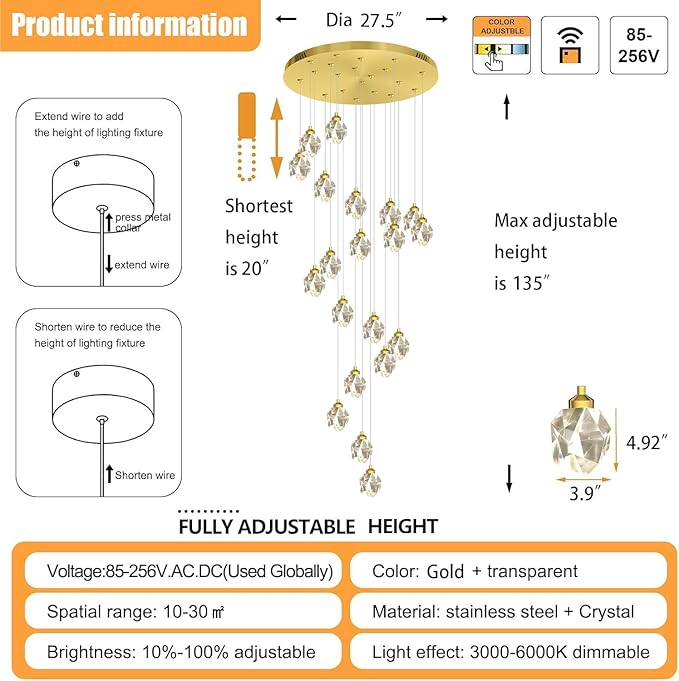 Large High Ceilings Chandeliers Modern Long Crystal Spiral Chandeliers,K9 Crystal Drop Chandelier for Staircase Foyer Entryway 20 Lights Gold D28XH135inch