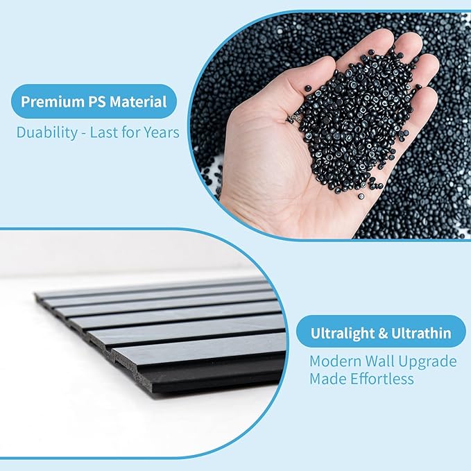 Art3d 4-Pack Glue-On Six-Grid Wainscoting Panel for Interior Wall Decor - 104 x 12 Inch Polystyrene Ultralight Slim Slat Wall Panels for Living Room Bedroom, Slate