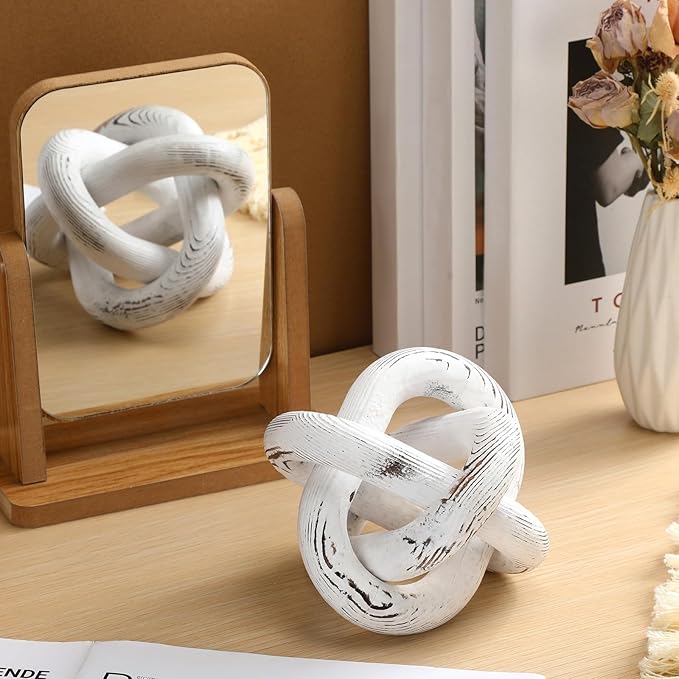 3 Link Wood Knot Decor - Hand Carved Coffee Table Decoration, Boho Chain Link Decor, Modern Shelf, Rustic Objects for Home Living Room Bedroom(Retro White)