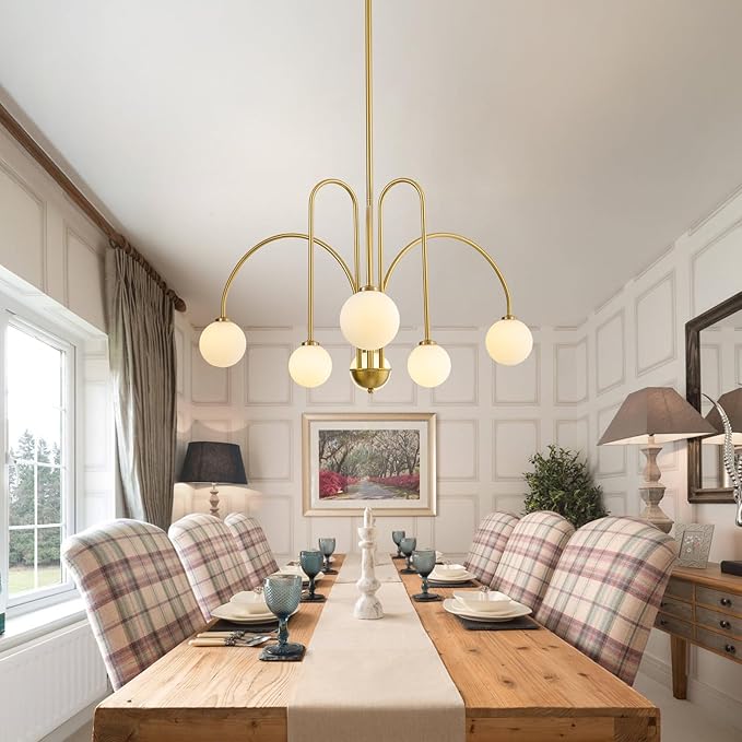 Mid Century Modern Sputnik Chandelier: 6-Light Globe Gold Chandeliers for Living Room - 40" White Glass Ball Dining Room Light Fixture - Large Pendant Lights for Kitchen High Ceiling Foyer Entryway