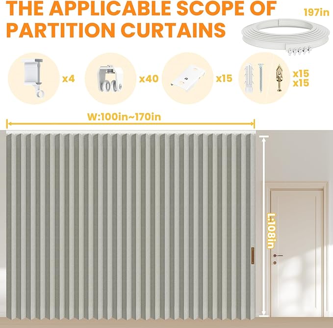 100% Blackout Room Divider Curtains - with Flexible Ceiling Curtain Track, Noise Reduce Barrier for Portable Curtain for Sliding Glass Door/Space Room Divider (Grey, W180 x L108, 1 Pack)
