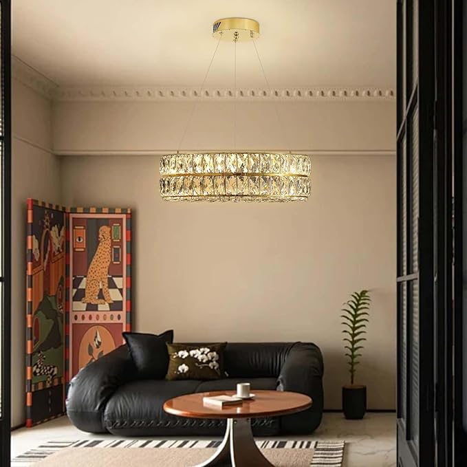 Led 15.7" Gold Ring Crystal Chandelier, Modern Dimmable Chandeliers Lighting and Hanging Adjustable, LED Round Ceiling Light Fixtures for Dining Room Living Room
