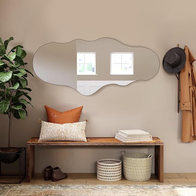 BST FURNH Unique Full Length Wall Mounted Mirror Tall Mirror Full Body Floor Length Mirror Dressing Body Frameless Mirror for Bedroom Bathroom Living Room,Irregular Shape Mirror,White Cloud 47x23''