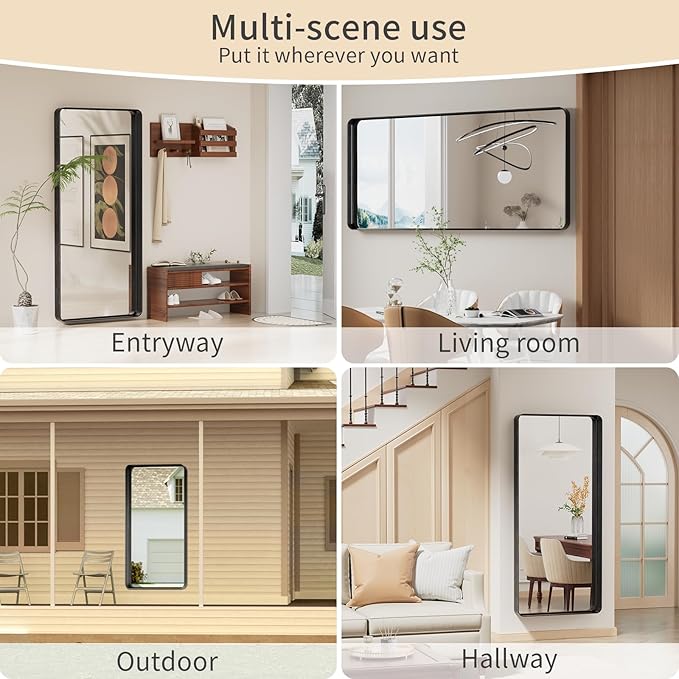 Koonmi Black Bathroom Mirror for Wall, 30x71 Inch Matte Metal Deep Framed Rounded Corner Wall Mirror, Shatterproof Tempered Glass for Farmhouse Bedroom Entryway, Vertically or Horizontally