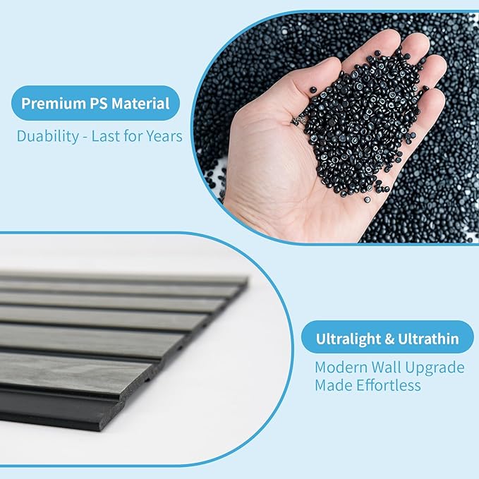 Art3d 4-Pack Glue-On Six-Grid Wainscoting Panel for Interior Wall Decor - 104 x 12 Inch Polystyrene Ultralight Slim Slat Wall Panels for Living Room Bedroom, Ash