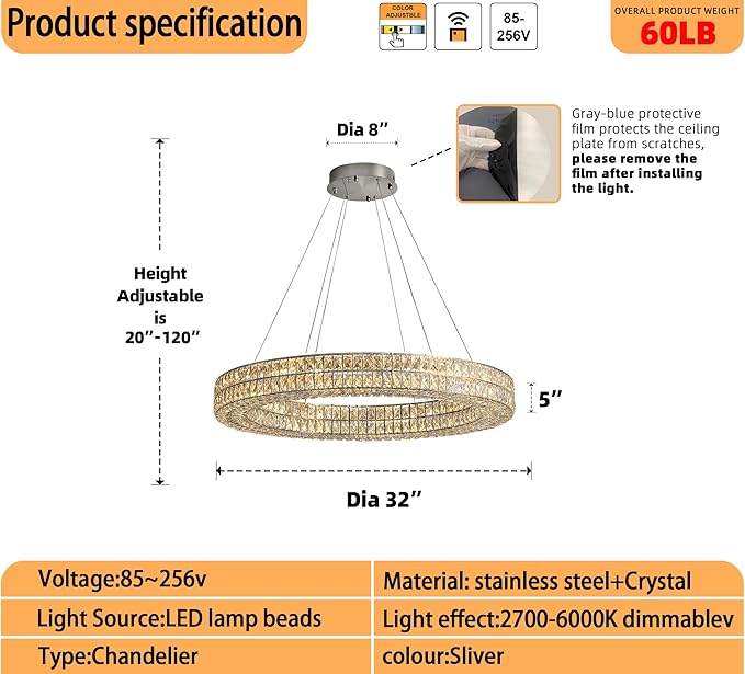 47.5in Large Ring Chandelier Round Crystal Chandelie for Living Room Led Dimmable Ring Pendant Light Ceiling Lighting 2700k-6000k