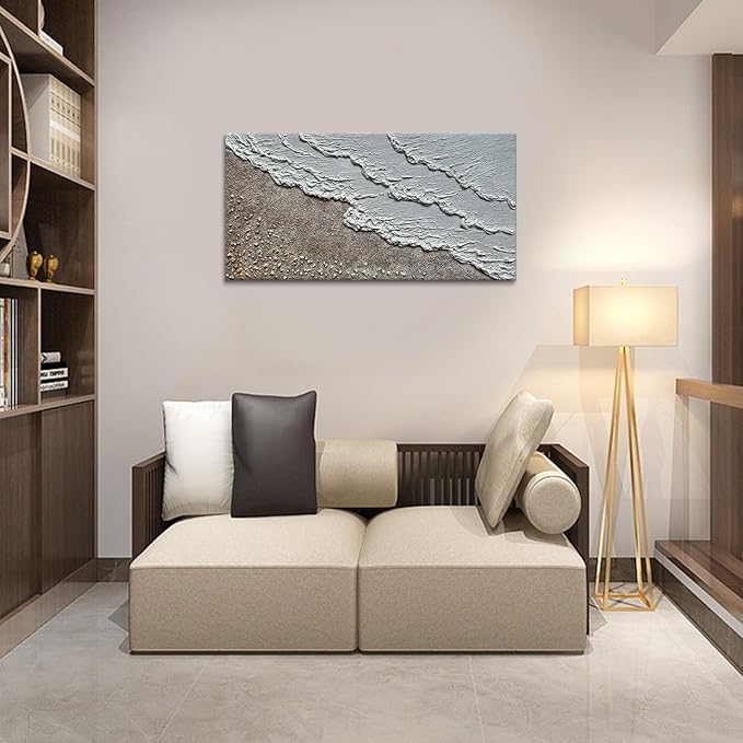 Large Oil Painting Hand-Painted Thick Texture Wave Beach Minimalist Modern Abstract Canvas Art Warm Acrylic Painting 24x48 Inches Home Office Wall Decoration