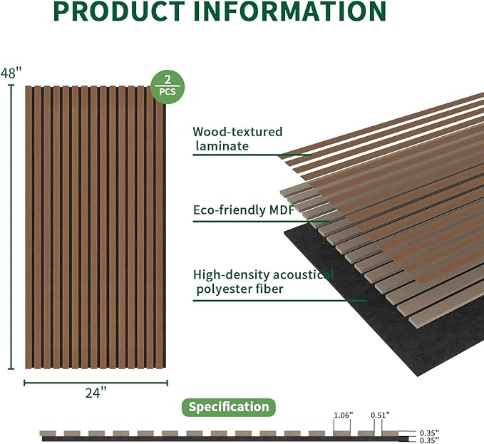 2 Panel Wood Slat Acoustic Panel 48" x24" for Sound Absorbing, Soundproof Wood Slat Panel Cover 16 Sq.Ft, 3D Fluted Sound Absorbing Paneling for Wall Decor, Living Room, Bedroom, Walnut
