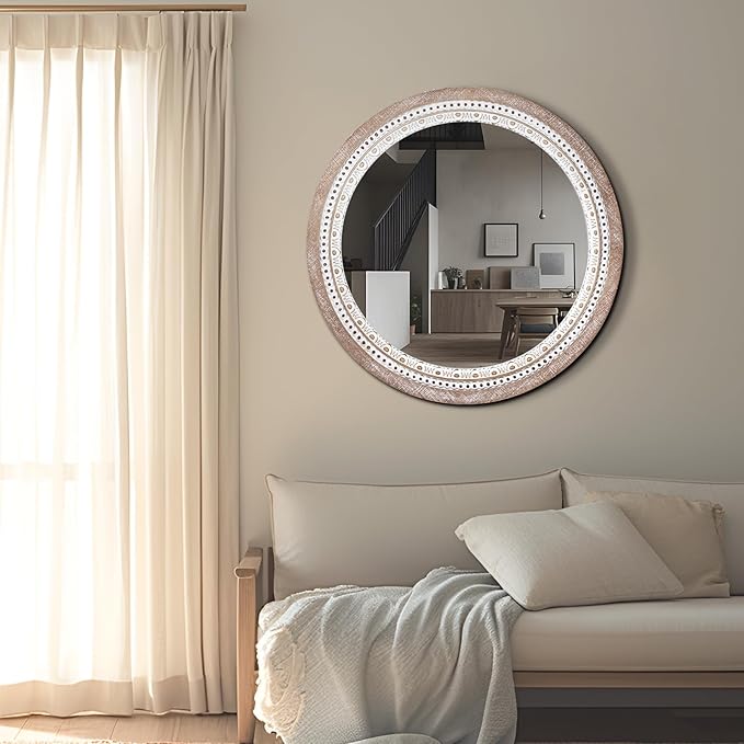 24 Inch Wooden Round Mirror for Wall Decor, Farmhouse Rustic Decorative Circle Mirrors with Beaded Frame, for Bedroom, Bathroom, Living Room, Entryway