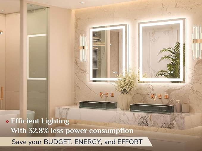 Keonjinn 24x32 Inch LED Bathroom Mirror with Light, Frontlit & Backlit, Lighted Mirrors for Bathroom Wall with Dimmable 3-Color Lights, Anti-fog Vanity Mirror with Tempered Glass, UL-Listed LED Driver