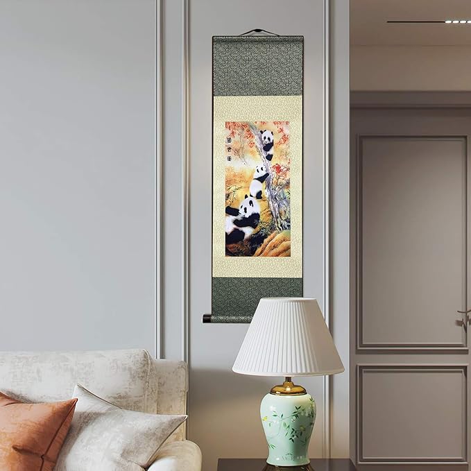 AtfArt Asian Wall Decor Beautiful Silk Scroll Painting National Treasure Chinese Panda Oriental Decor Chinese Art Wall Scroll Wall Hanging Painting Scroll (39 x 12 in)