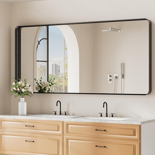 Koonmi Black Bathroom Mirror for Wall, 30x71 Inch Matte Metal Deep Framed Rounded Corner Wall Mirror, Shatterproof Tempered Glass for Farmhouse Bedroom Entryway, Vertically or Horizontally