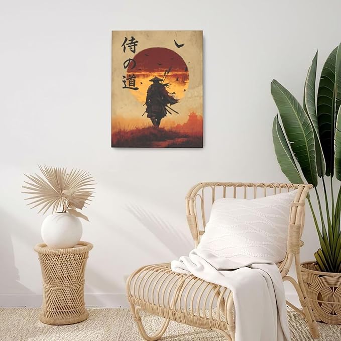 Japanese Samurai Wall Art Oriental Asian Bushido Wall Decor Warrior Figure Canvas Pictures Paintings Prints Japan Traditional Aesthetic Artwork Framed Decorations For Bedroom Living Room Office Gifts 16" x 20"