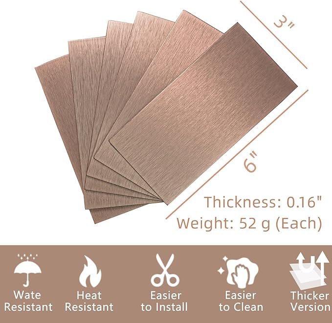 Aluminum Peel and Stick Backsplash Panels - 3"x6" Brushed Copper Kitchen Wall Decor, 80-Piece