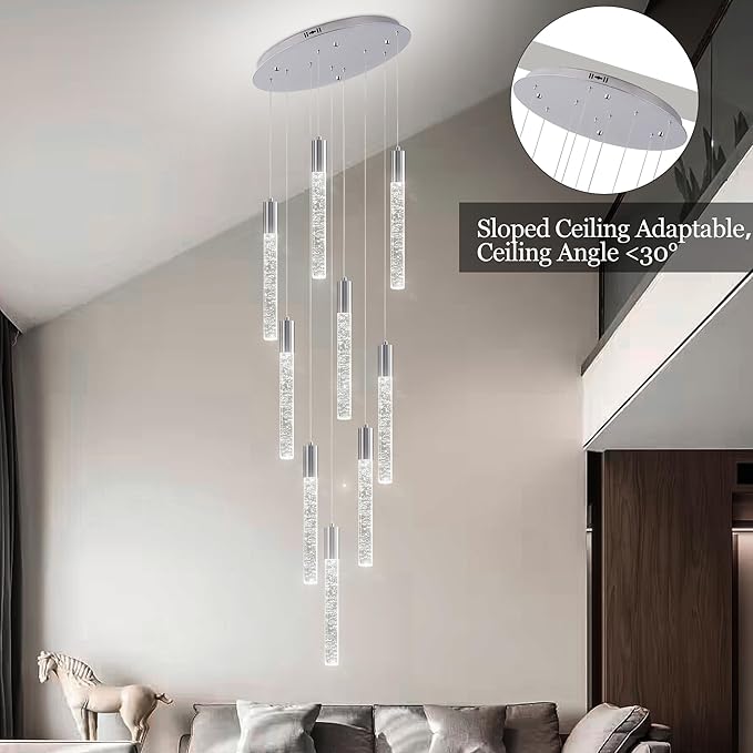 9-Lights High Ceiling Crystal Chandelier, Modern LED Raindrop Pendant Light Fixture 79" H Flush Mount Chandelier Chrome for Foyer Staircase Living Room