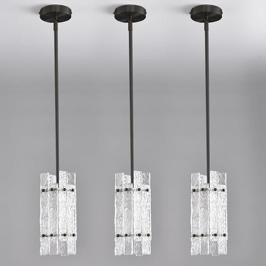 Modern Crystal Pendant Light for Kitchen Island, Pearl Black Luxury Mini Water Ripple Glass Chandelier Lights Fixture, Square Adjustable Hanging Pendant Lighting for Dining Room Bedroom (3-Pack)
