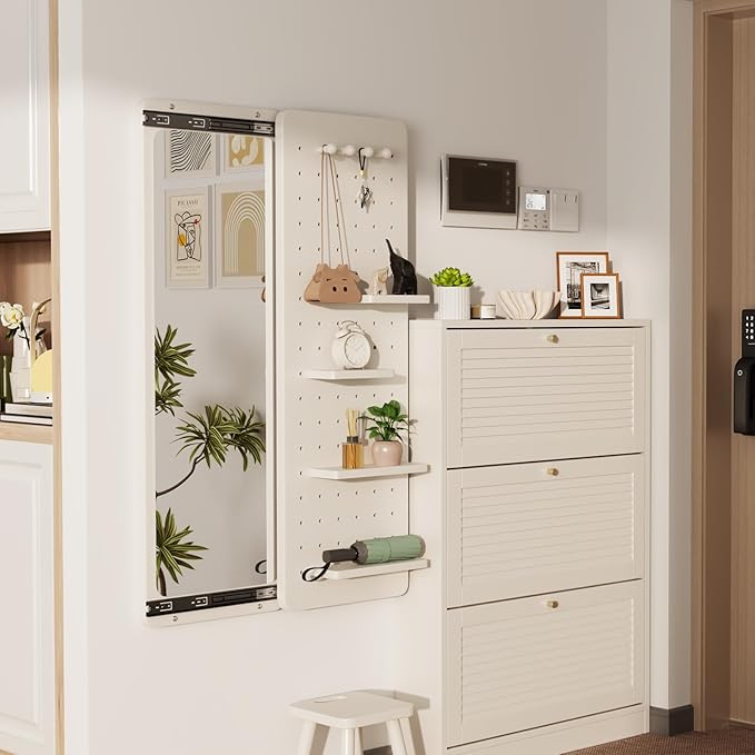 KungFuWood Full Length Mirror with Shelf and Hooks,Entry Way Mirrors for Wall,Wall Mirror with Shelf,Wall Mirror with Storage Multifunctional Design Panel,Living Room