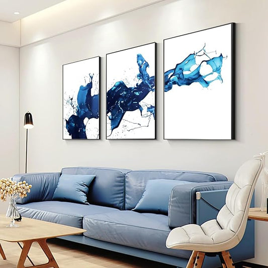 ARTFEB Modern Black Framed Wall Art, 3 Pieces Abstract Blue and White Painting Wall Art for Living Room Decor,Canvas Print Artwork Set for Bedroom Office Bathroom Decor,24"x32"x3piece