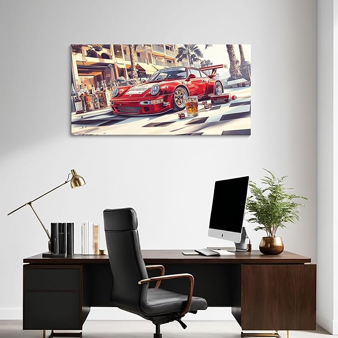 JEAWA Canvas Prints Wall Art - Red Car Canvas Wall Art, Modern Art Wall Decor for Bedroom Bathroom Dining Room Home Office, Funny Painting for Wall Decoration, 20 x 40 In