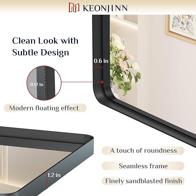 Keonjinn Black Bathroom Mirror, 20 x 30 Inch Rounded Rectangle Sandblasted Finish Bathroom Mirrors for Over Sink, Matte Black Farmhouse Mirror with Seamless Frame, HD Tempered Glass Vanity Mirror