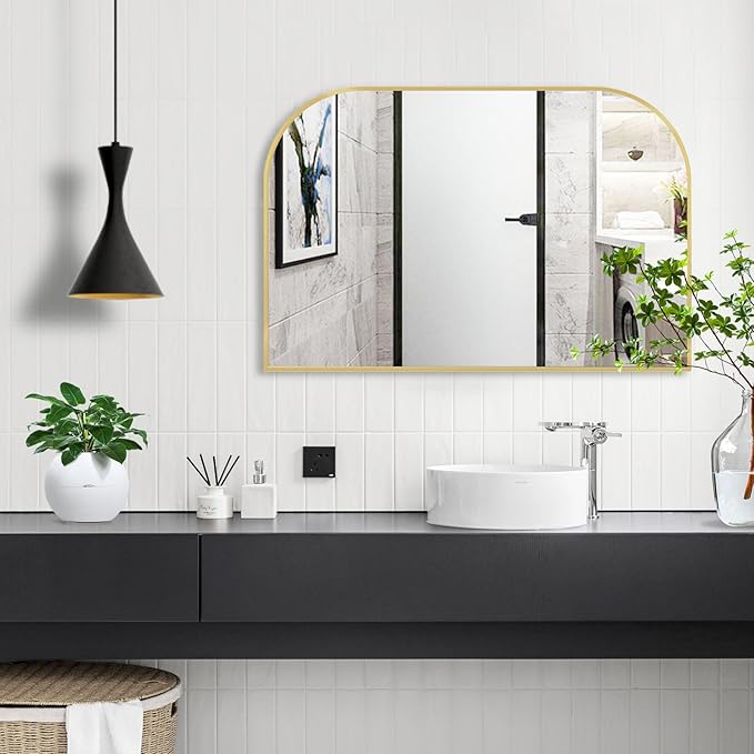 Modern Large Wall Mirror, Modern Mantel Minimalist Home Decor, Brushed Gold Metal Framed Arched Mirror for Living Room, Bedroom, Fireplace, Mantle, Entryway, Bathroom, 36" x 24", Gold