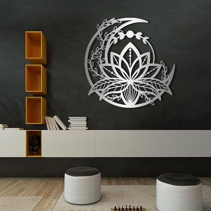 Metal Lotus Flower Wall Art - Extra Large Lotus Moon Metal, Moon Phase Outdoor Decor, Zen Wall Art for Bedroom, Living Room, Yoga Room (Silver, 19x18in|47x47cm)