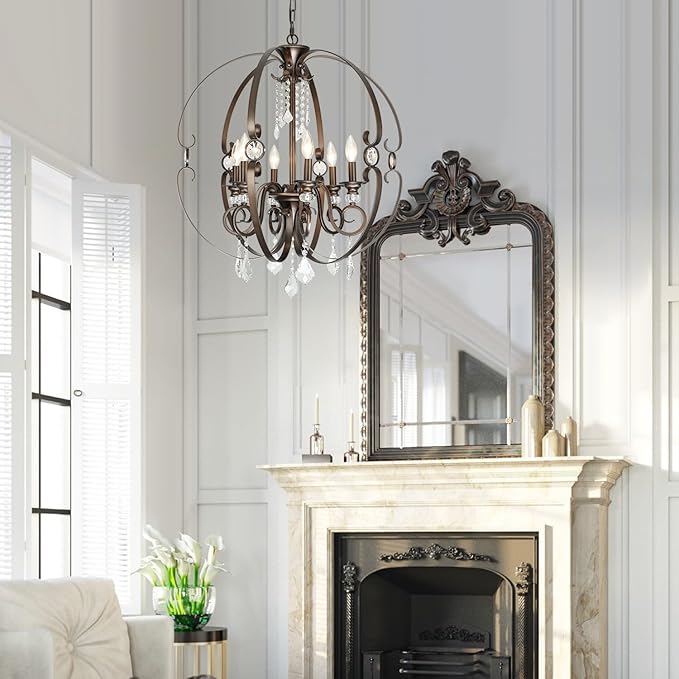 Oil-Rubbed Bronze Crystal Chandeliers for Dining Room Light Fixture, 6-Light 26 Inch Sphere Vintage Chandelier for Kitchen Island, Living Room, Foyer, Staircase, Entry, Villa