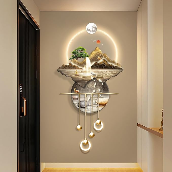 LED Light Decor Wall Art, 3D Art Wall Decor with Light, Decors Walls Sculptures Large 3D Art, Decors Walls Sculptures Lighting Modern, Plug-in Power Supply, Gold A, 23x53in