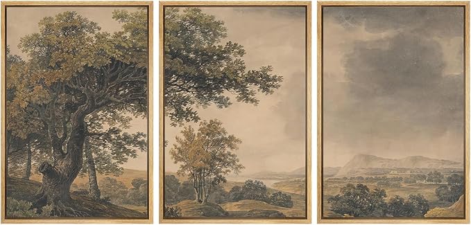 MUDECOR Framed Wall Art Print Set Vintage Landscape Rustic Tree and Mountain View Illustrations Decorative Colorful for Living Room, Bedroom, Office - 16"x24"x3 Natural