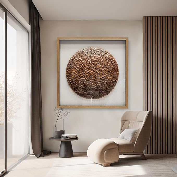 BrightA Natural Wood Paper Cylinder Wall Art Brown Gradient Color Circular Design with Earthy Tones Framed Artwork Modern Minimalist Home Decor for Living Room 31.5"x31.5"