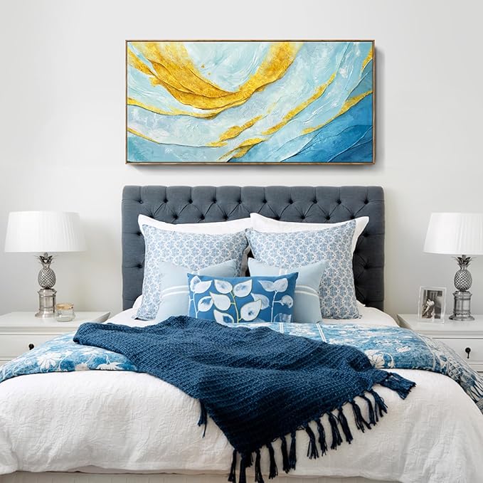 Nicetop Extra Large Framed Abstract Canvas Wall Art – Blue Gold Modern Oversized Picture Flowing Lines Art Print – Horizontal Wall Decor with Wood Frame for Living Room Bedroom Home Office 58x29Inch