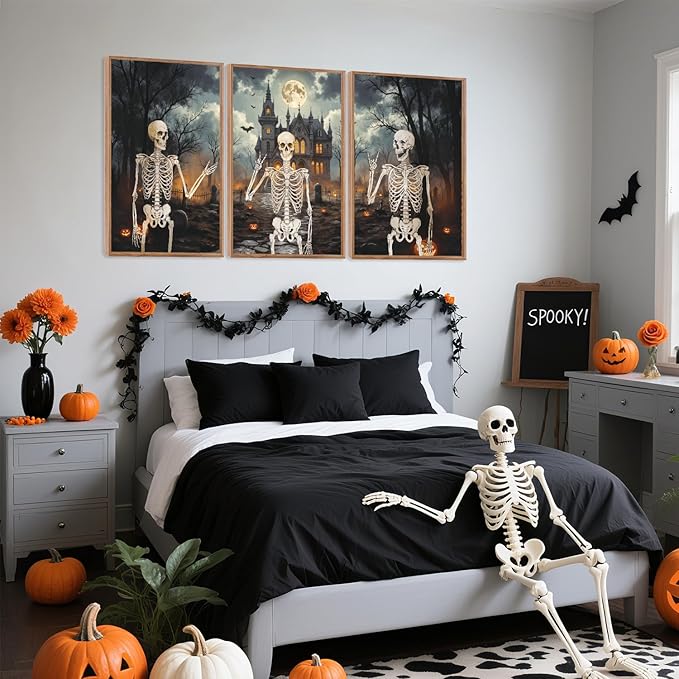 CHDITB Spooky Skeleton Framed Canvas Wall Art Set, Pumpkin Wall Decor, Strange Haunted Mansion Art Wall Painting, Vintage Gothic Skull Art Prints for Living Room, Halloween Party Decoration 16"x24"x3