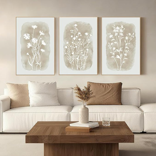 Neutral Wildflower Wall Art Framed Boho Botanical Large Vintage Farmhouse Minimalist Floral Beige Canvas Wall Decor Prints for Living Room Bedroom Office, 3 Panels, 24x36 Inch