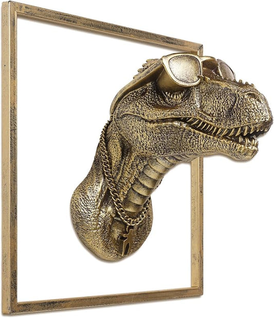 JJALIGHTS Exquisite Resin Animal Head Wall Sculpture (Gift Metal Frame) - Imitation Copper Vintage Decor for Living Room, Bedroom & Office | Decorative Wall Hanging Art (Dinosaur)