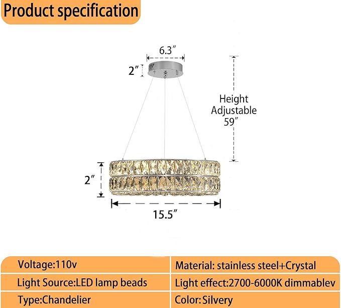 Led 15.7" Silver Ring Crystal Chandelier for Living Room, Modern Dimmable Chandeliers Lighting Adjustable Hanging Pendant Light for Dining Room
