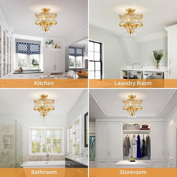Crystal Ceiling Light Fixture, Farmhouse Semi Flush Mount Ceiling Light, Gold Crystal Chandeliers for Dining Room Light Fixture, Hallway Lighting Fixtures for Kitchen Bedroom Bathroom Foyer Entryway