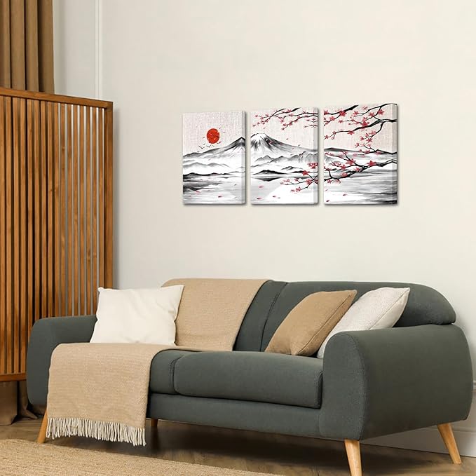 LyerArtork 3 Pieces Japanese Cherry Blossom Mount Fuji Canvas Wall Art Black White Pink Floral Wash Painting Wall Decor for Living Room Bedroom 12"x16"x3pcs