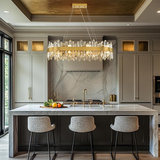 Modern Crystal Chandelier, 16-Lights 2 Tiers Dining Room Chandelier Over Table, 36'' K9 Crystal Gold Rectangular Chandeliers for Kitchen Island Adjustable Long Chandeliers for Living Room