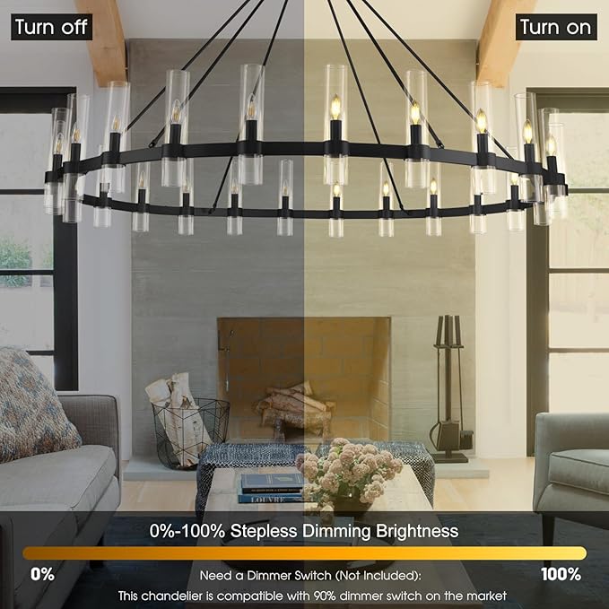 Black Wagon Wheel Chandelier 70 Inch, Large Chandeliers for High Ceilings, 24-Light Chandelier with Glass Shade, Modern Farmhouse Chandeliers for Living Room, Dining Room and Foyer(24 Bulbs Included)