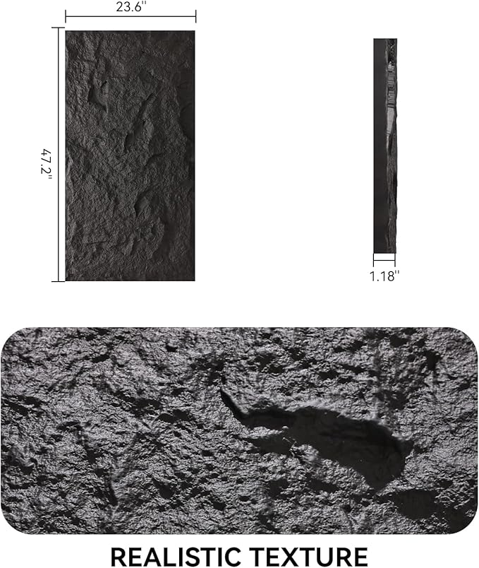 OUZUGIE 4 PCS Faux Stone Wall Panel 47.2’’ x 23.6’’ Interior Exterior Wall Decor 3D PU Panel with Lava Stone Design Black