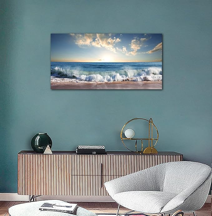 Ocean Canvas Wall Art Beach Sunset Waves Coast Nature Pictures Modern Artwork Blue Ocean Contemporary Canvas Art Giclee Prints Summer Season Painting Framed Ready to Hang for Home Decoration 24" x 48"