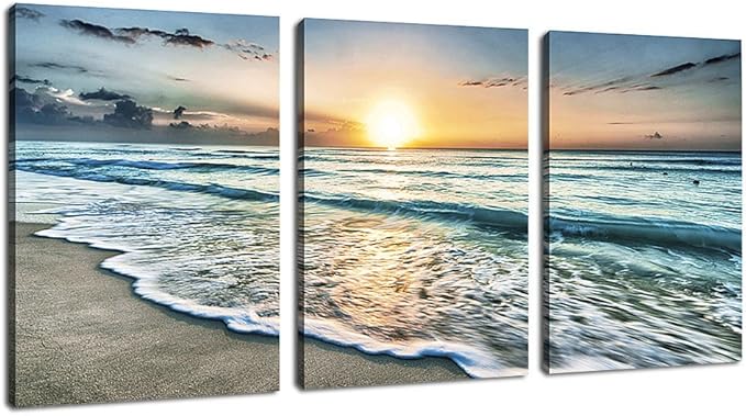 Canvas Wall Art Beach Sunset Ocean Waves Wall Decor 3 Pieces x 12" x 16" Modern Seascape Canvas Artwork Contemporary Nature Pictures Painting Giclee Prints Framed Ready to Hang for Home Decoration