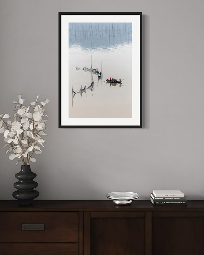 Oriental Beauty: Stunning Feng Shui Landscape Wall Art Vertical Prints for Home Decor in 3 Sizes (Tranquil Fishing: Reflections on a Serene Waterway, 24" x 36", Oriental Beauty)